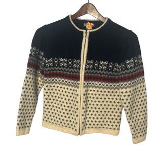 Kids Lands End 100% Wool Full Zip Fair Isle Sweater  Blue And Ivory Size XL